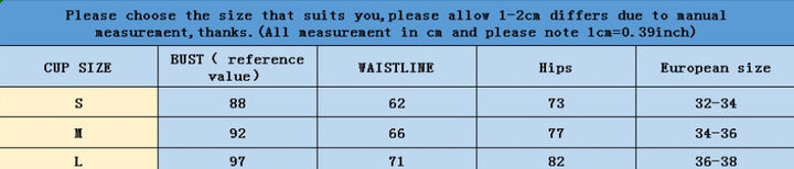 Sexy Single Piece Swimsuit size chart