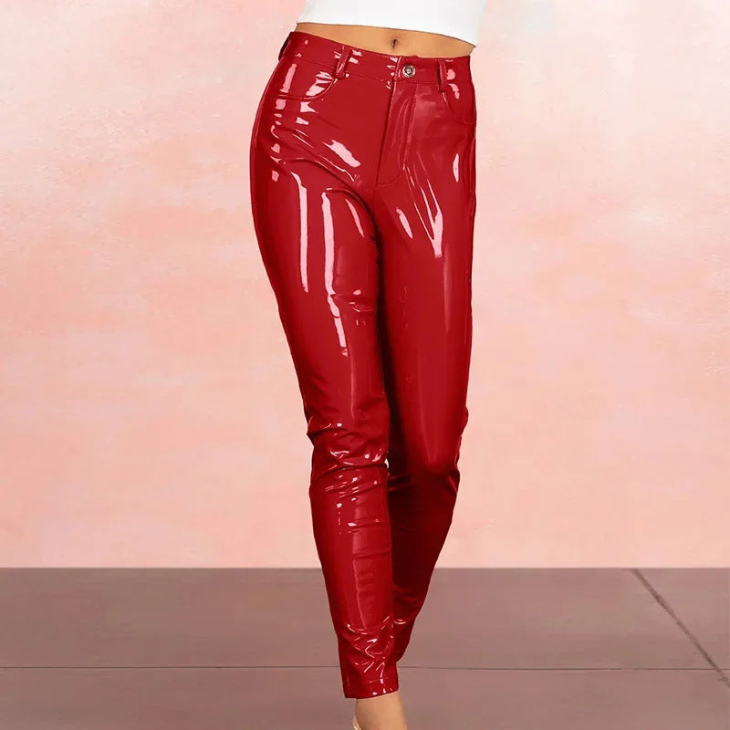 Glossy Sexy Slim Fit Leather Pants Red