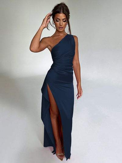 Stunning One Shoulder High Split Sexy Satin Dress