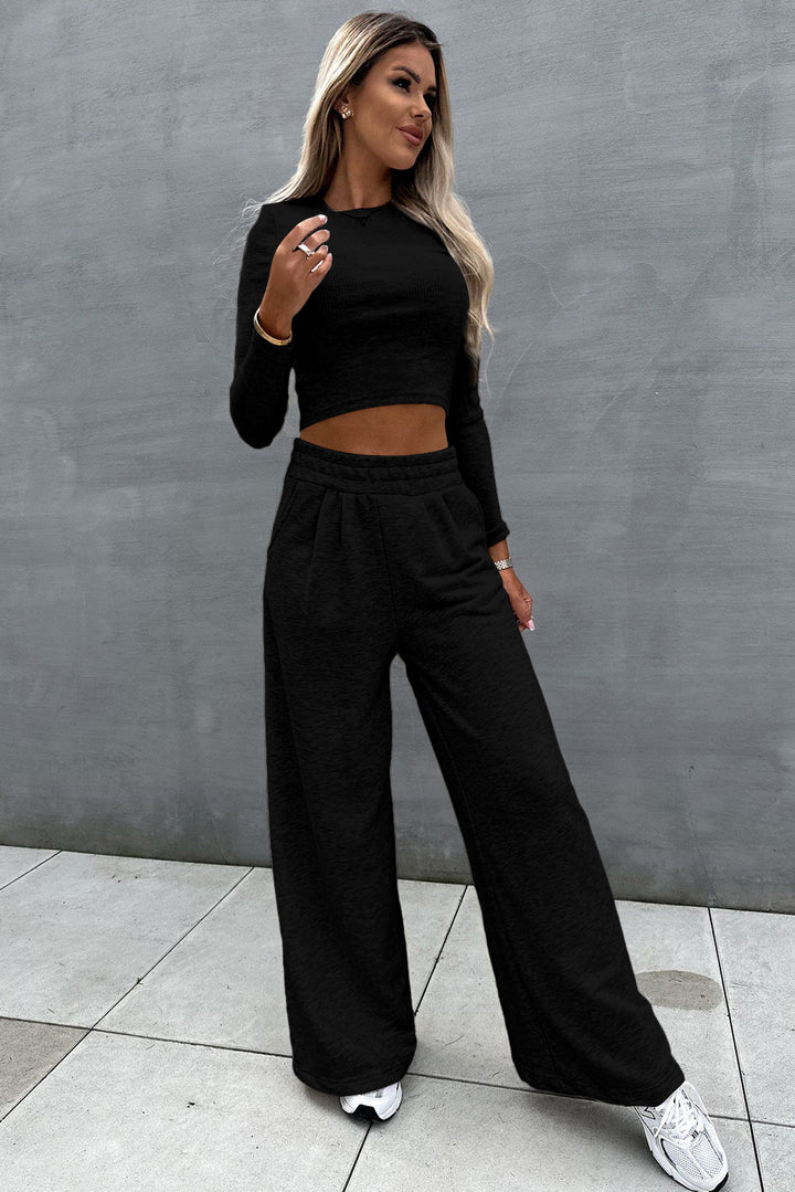 Black Two Piece Crop Top & Wide Leg Pants Set