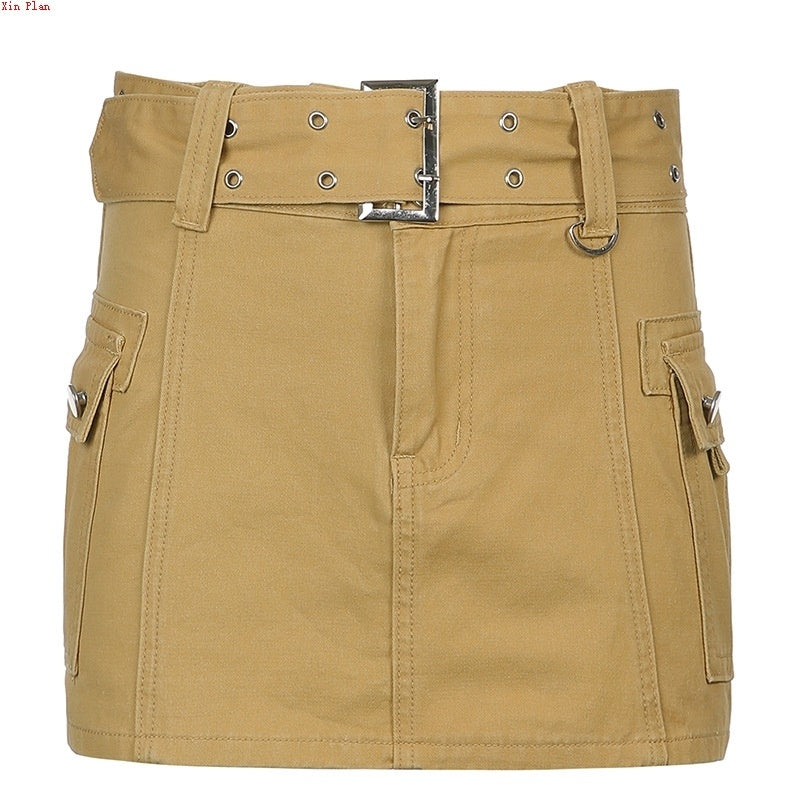 Retro Dancing Denim Mini Skirt Khaki