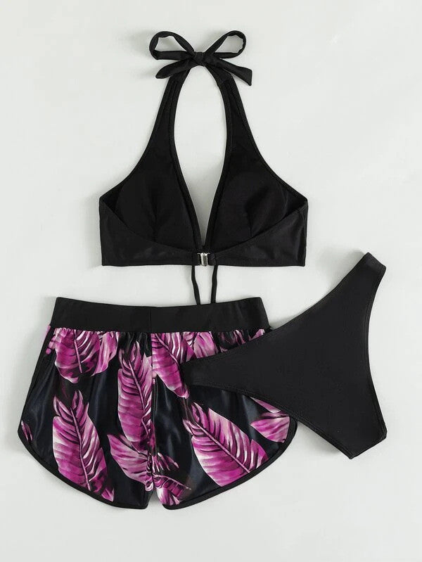 Three Piece Leaf Bikini Suit Rose Red