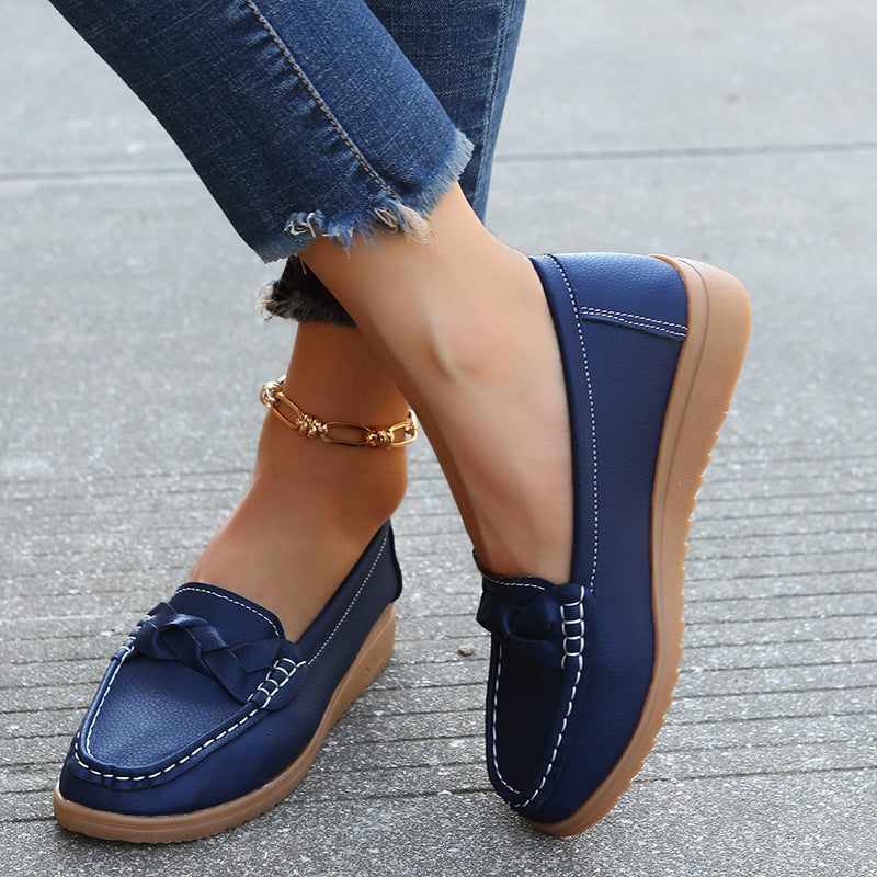 Stylish Ladies Flat Soft Leather Shoes Blue front view