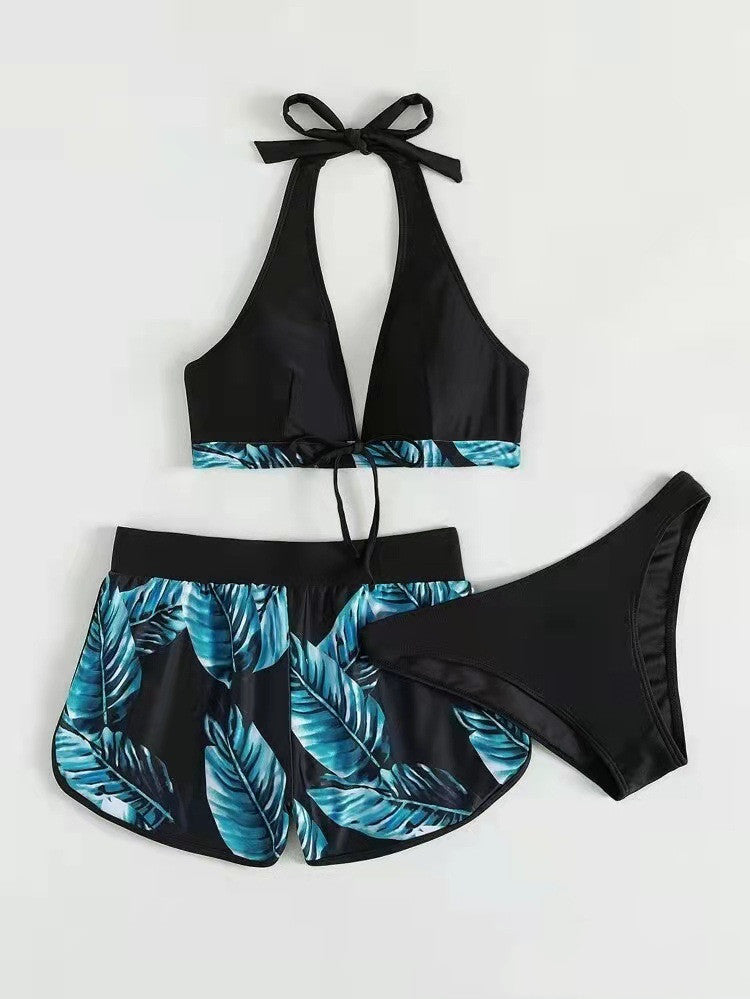 Three Piece Leaf Bikini Suit Blue