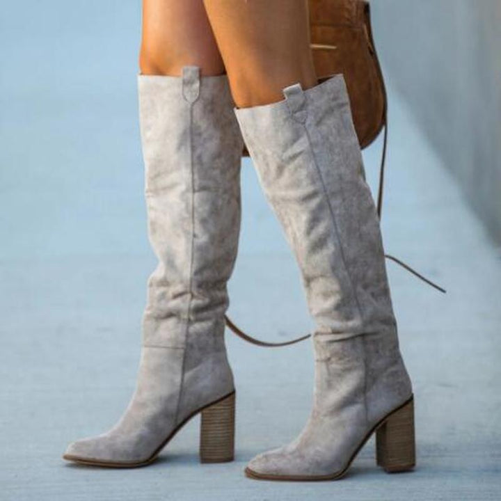 Solid Heel Knee Boots Grey side view