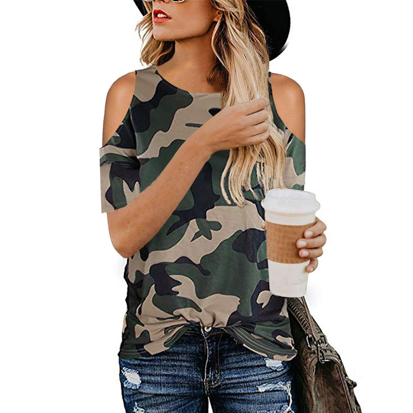 Sassy & Edgy Off The Shoulder T Shirt Camouflage