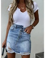 Iconic Ripped Denim Skirt front view straight hem