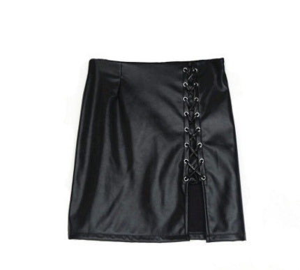 Incredible Black Lace Up Leather Skirt front view