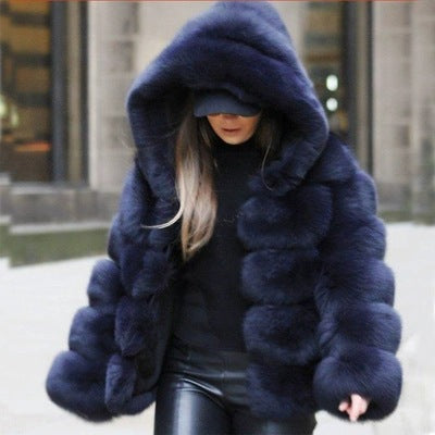 Luxury Short Faux Fur Coat Dark Blue front view