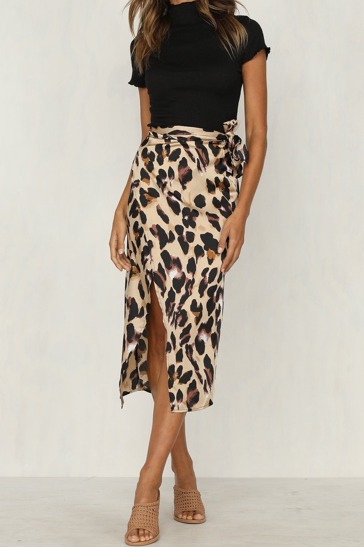 Alluring Long Leopard Skirt Khaki front view