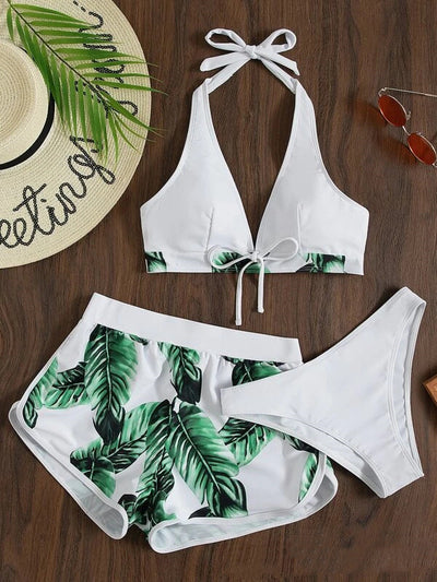 Three Piece Leaf Bikini Suit White