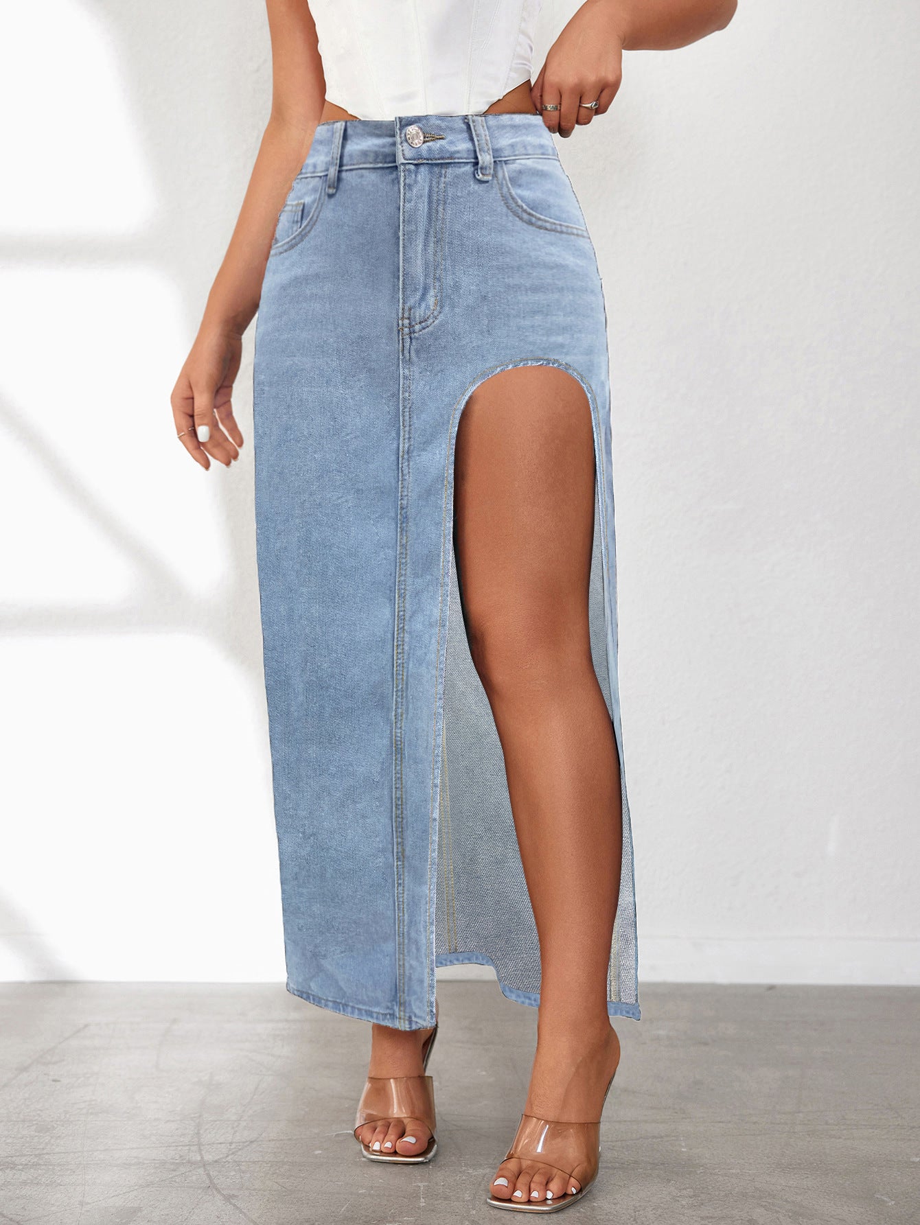 High Slit Long Denim Skirt Light Blue front view