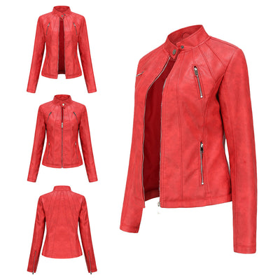 Stunning Short Leather Jacket Red front view