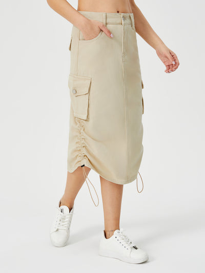 Stylish Ladies Long Cargo Skirt Pale Khaki front relaxed view