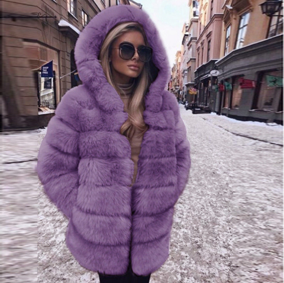 Luxury Short Faux Fur Coat Purple front view