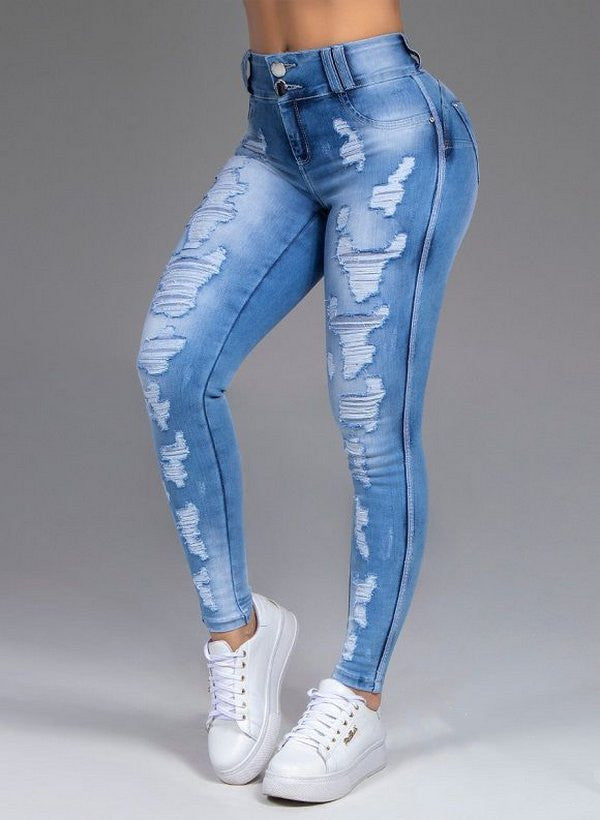 Super Hot Ripped Stretch Jeans Light Blue