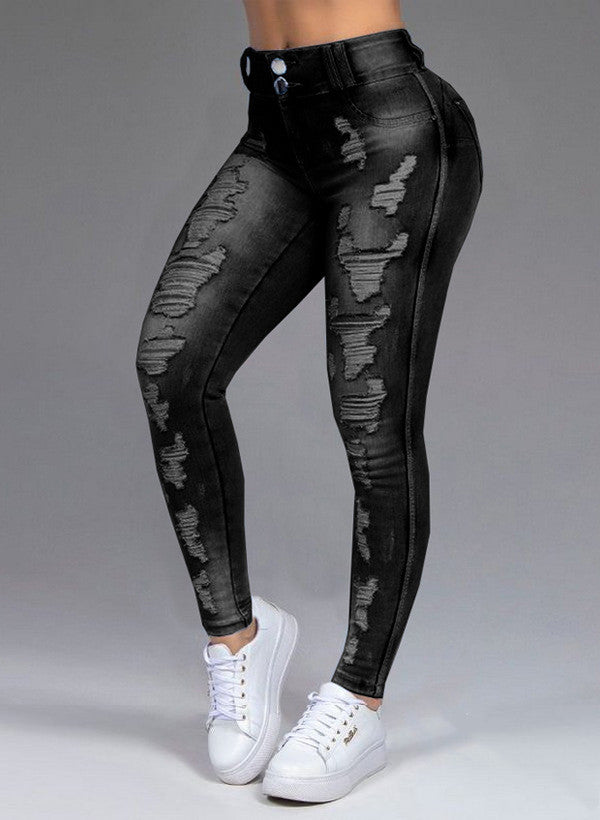 Super Hot Ripped Stretch Jeans Black