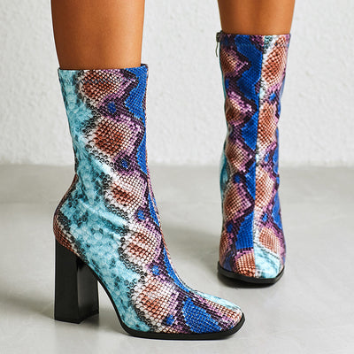 Sassy Solid High Heel Leather Ankle Boots Color Snake front view