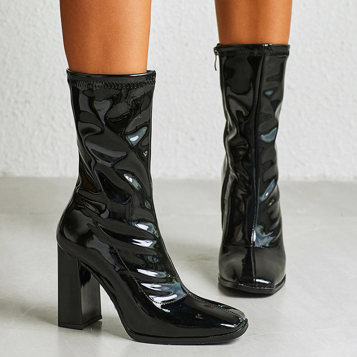 Sassy Solid High Heel Ankle Boots Black Leather front view