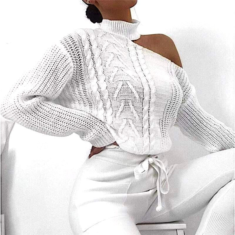 Chic Off Shoulder Sweater White front right side view