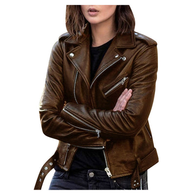 Classic Ladies Leather Jacket Brown front view