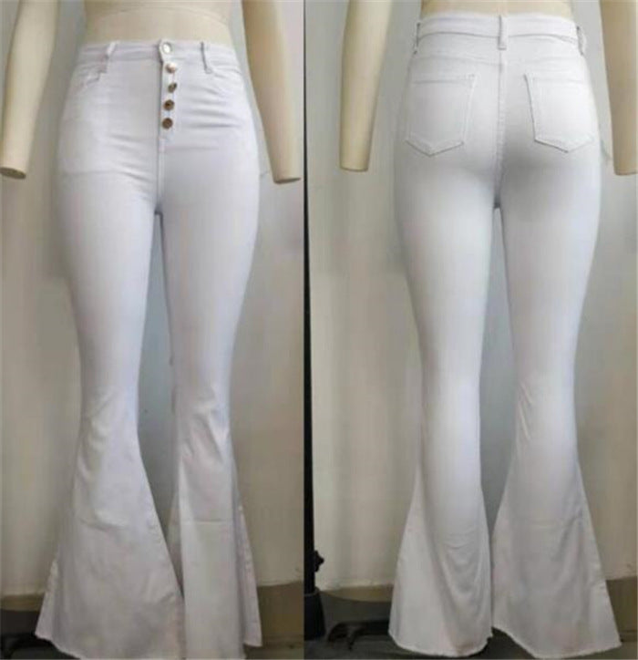 White Buttoned Denim Bell-Bottoms front & rear view