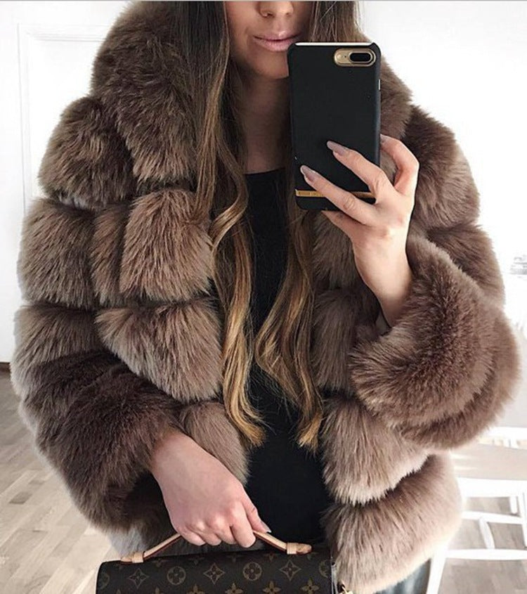 Luxury Short Faux Fur Coat Deep Camel front view