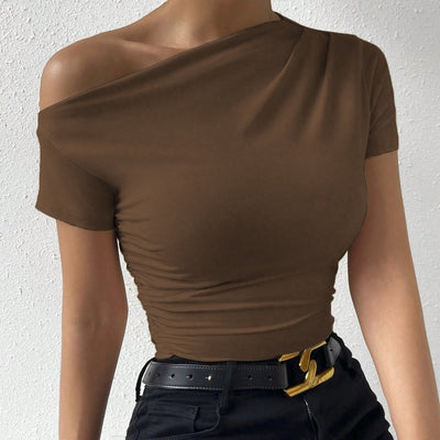 Cool Casual Slim-fit Pleated Single Shoulder Top Brown