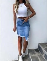 Iconic Ripped Denim Skirt front view steps