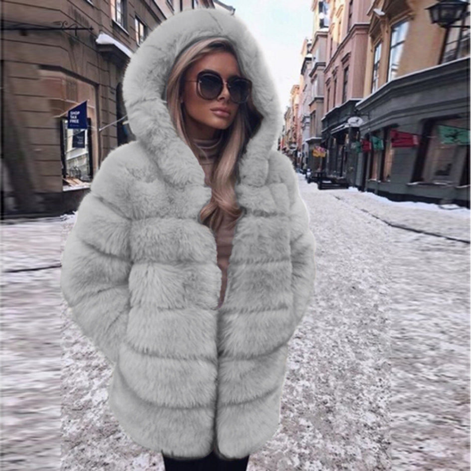 Luxury Short Faux Fur Coat Grey front view