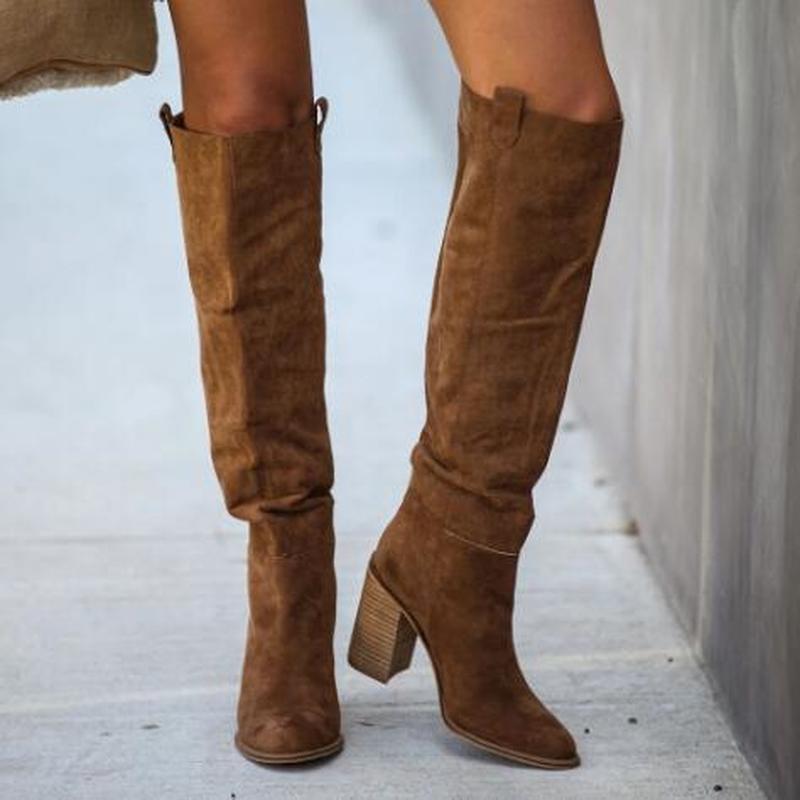 Solid Heel Knee Boots Brown front view