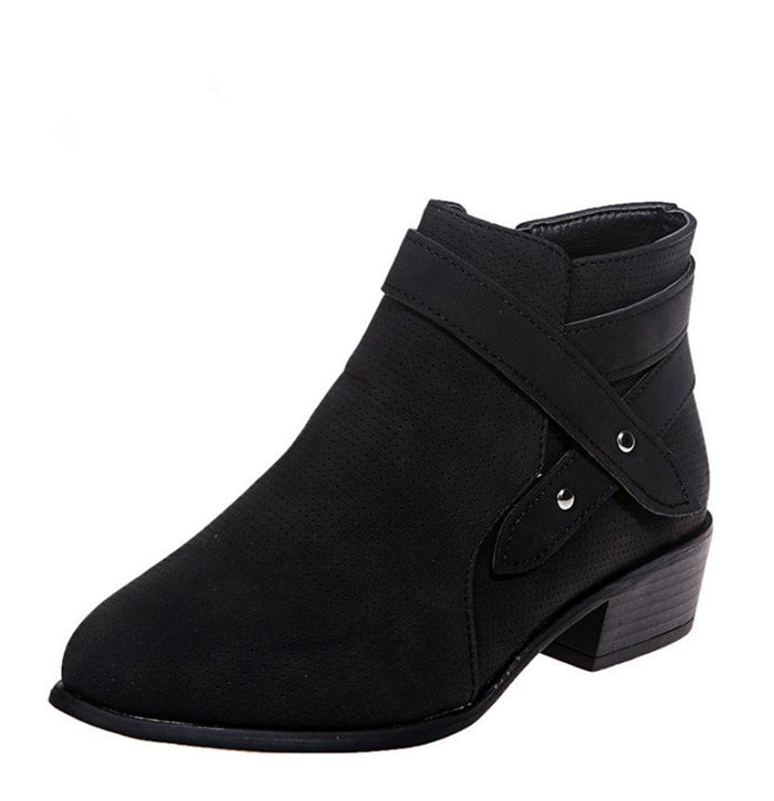 Thick Heel Suede Ankle Boots Black single left side view