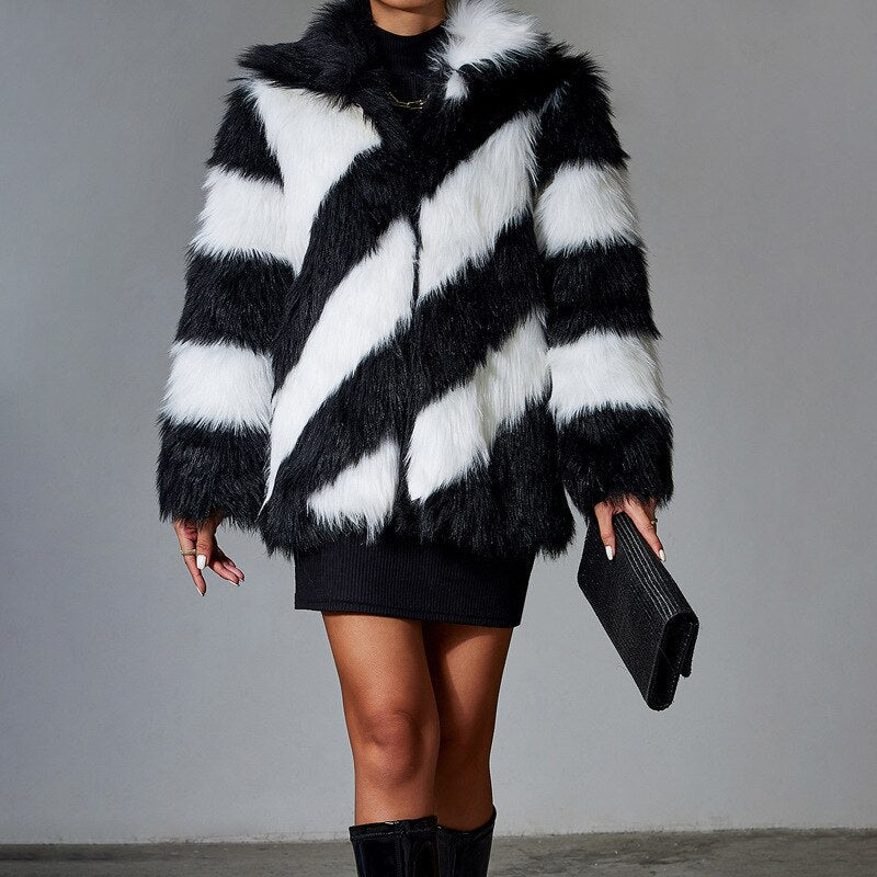 Black Faux Rabbit Luxury Fur Coat