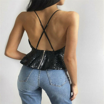 Beautiful Open Back String Crop Top Black rear view