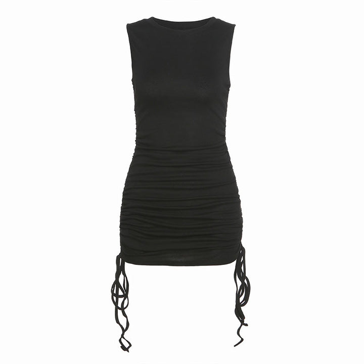 Casual Drawstring Wild Dress Black front view