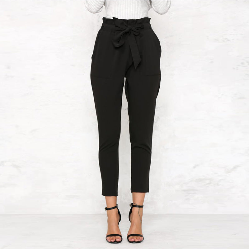 Elegant Cropped Slim Pants Black front view