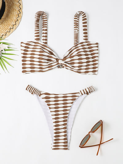 Dazzling Striped Bikini Swimsuit Coffee