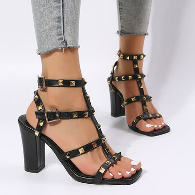 Buckle Strap High Solid Heel Shoes Black right side view