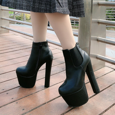 Platform High Heel Shoes Black Leather side view