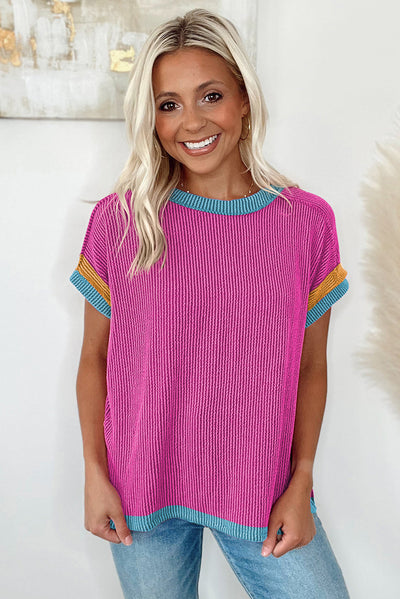 Trendy Three-quarter Sleeve Top Pink front side view