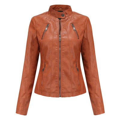 Stunning Short Leather Jacket Brown front view