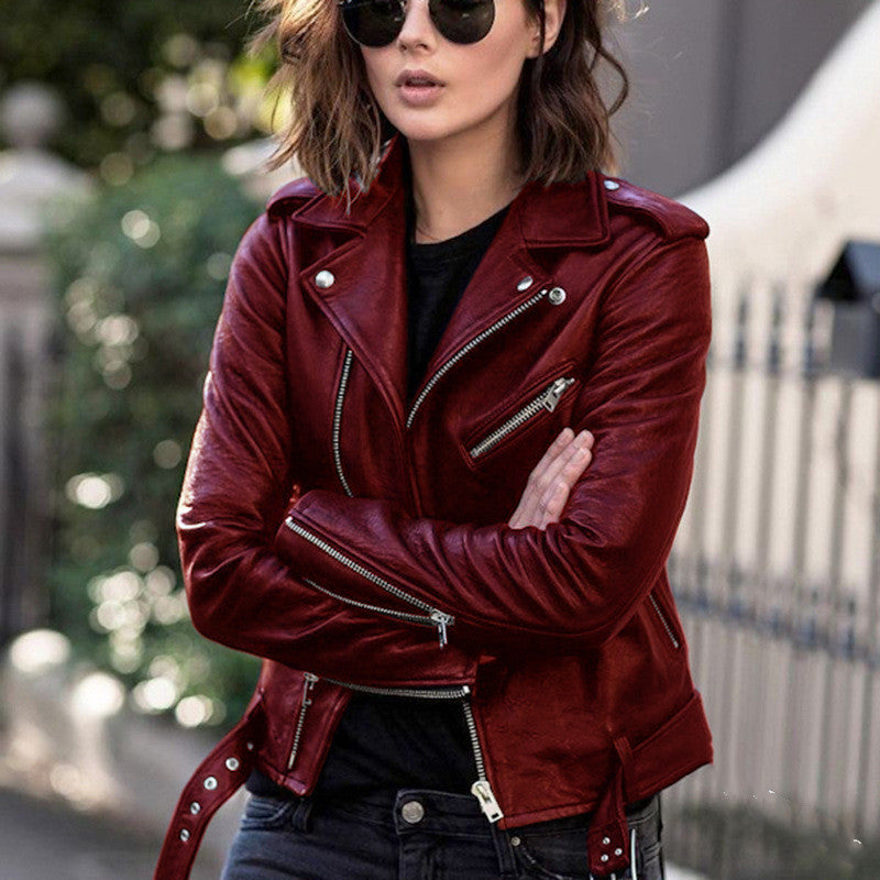 Classic Ladies Leather Jacket Red front view