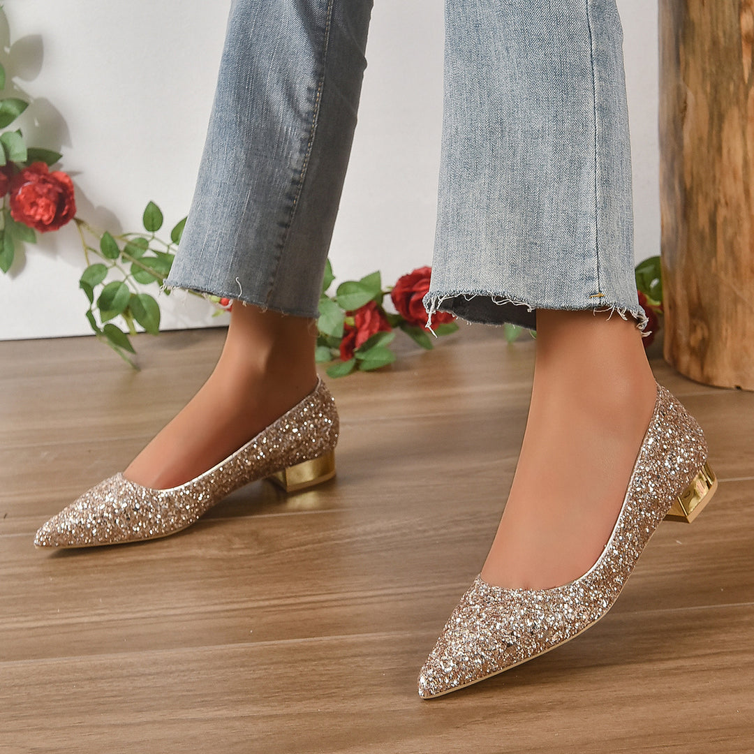 Crystal Sequins Low Heel Shoes Gold left side view