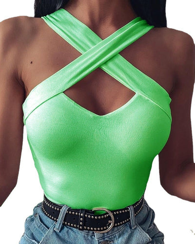 Off The Shoulder Cross Neck Top Green