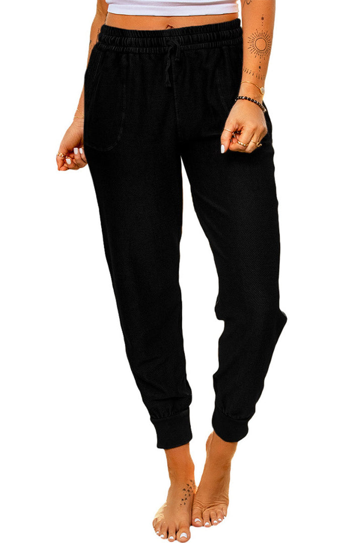 Black Capris Pants, Inelastic, Drawstring, Pockets, Loose Fit