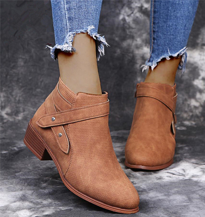 Thick Heel Suede Ankle Boots Brown right side view