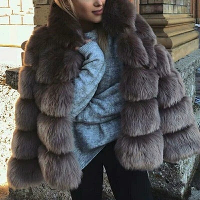 Luxury Short Faux Fur Coat Coffee front view