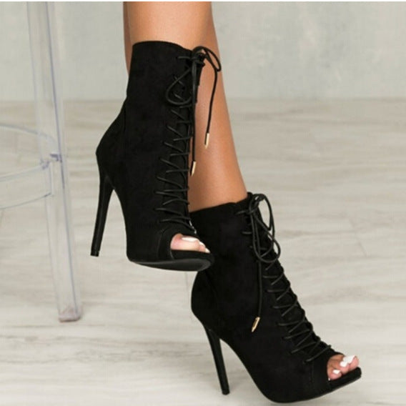 Striking Lace Up Ankle Stilettos Black front right side view