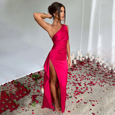 Stunning One Shoulder High Split Sexy Satin Dress