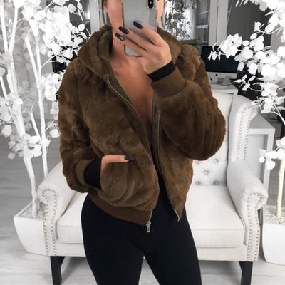 Stylish Short Fur Coat Light Coffee front view